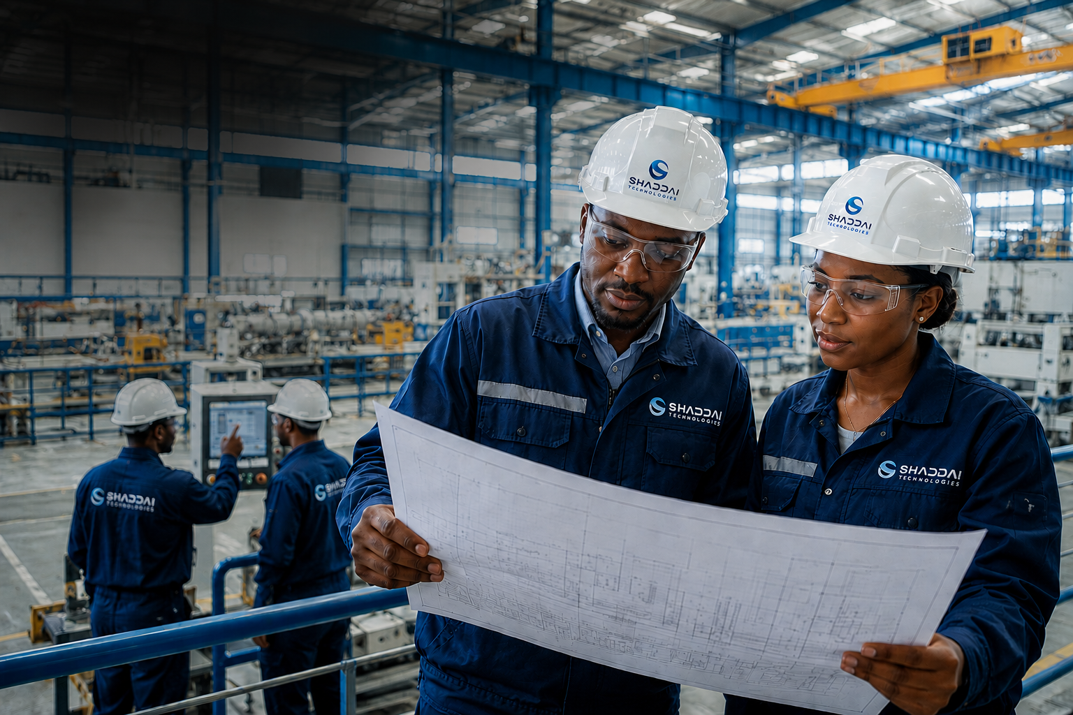 Two Shaddai engineers reviewing a board layout drawing inside the production hall